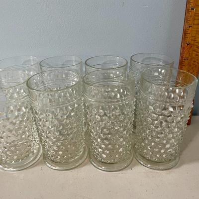 Vintage 9pc lot clear hobnail glasses + water pitcher