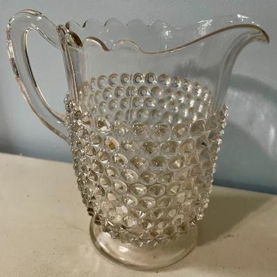 Vintage 9pc lot clear hobnail glasses + water pitcher