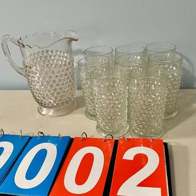 Vintage 9pc lot clear hobnail glasses + water pitcher