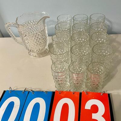 Vintage 16pc lot clear hobnail glasses + pitcher