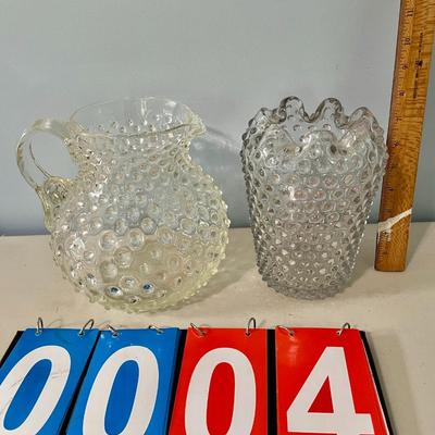 Vintage clear hobnail pitcher + ruffled vase