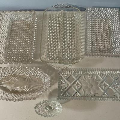 Vintage 6p lot of clear hobnail + cut glass trays