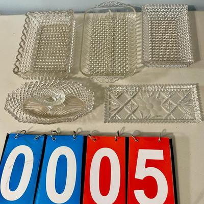 Vintage 6p lot of clear hobnail + cut glass trays