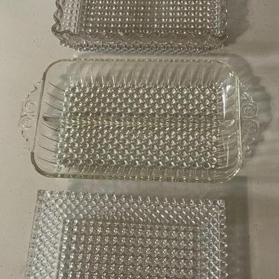 Vintage 6p lot of clear hobnail + cut glass trays
