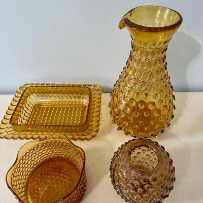 Vintage 4pc lot of amber hobnail glass