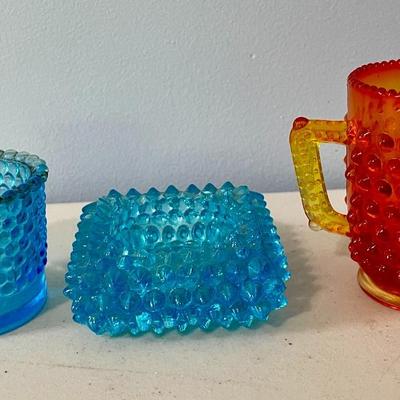 Vintage 7pc lot of colored and clear hobnail glass