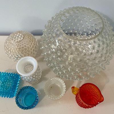 Vintage 7pc lot of colored and clear hobnail glass