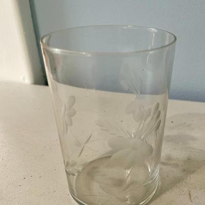 Vintage 14pc lot of clear etched glasses + pitcher