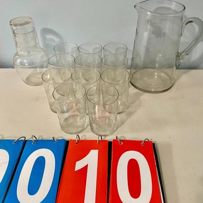 Vintage 14pc lot of clear etched glasses + pitcher