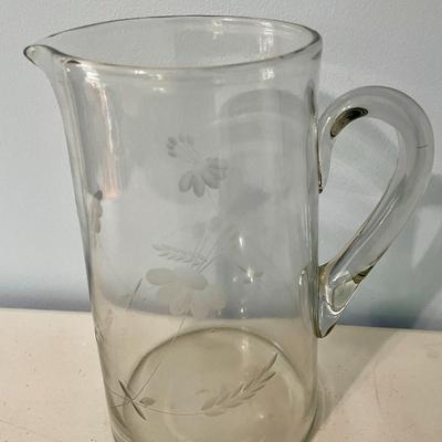 Vintage 14pc lot of clear etched glasses + pitcher