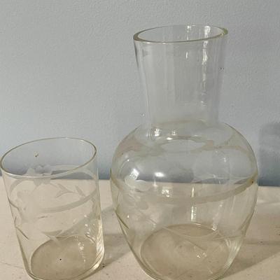 Vintage 14pc lot of clear etched glasses + pitcher
