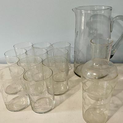 Vintage 14pc lot of clear etched glasses + pitcher