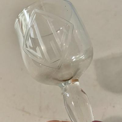 Vintage decanter + 8 monogrammed cordial glasses