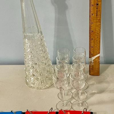 Vintage decanter + 8 monogrammed cordial glasses