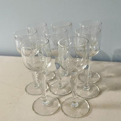 Vintage decanter + 8 monogrammed cordial glasses