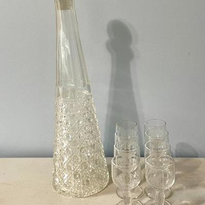 Vintage decanter + 8 monogrammed cordial glasses