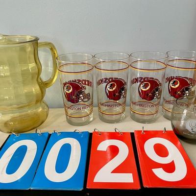 Vintage lot of 4 Washington Redskins tumblers, Baltimore Colt cocktail and amber pitcher