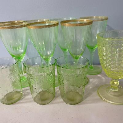 Vintage 11pc lot uranium glass stemware and vaseline hobnail goblet