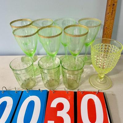 Vintage 11pc lot uranium glass stemware and vaseline hobnail goblet