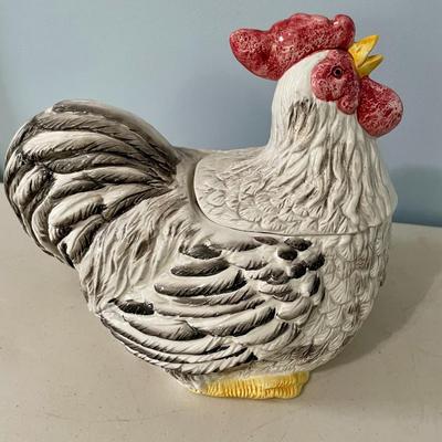Vintage painted rooster cookie jar, rooster measuring spoons + oven mits