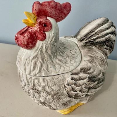 Vintage painted rooster cookie jar, rooster measuring spoons + oven mits
