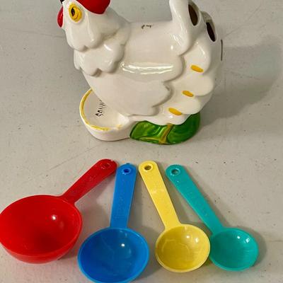 Vintage painted rooster cookie jar, rooster measuring spoons + oven mits
