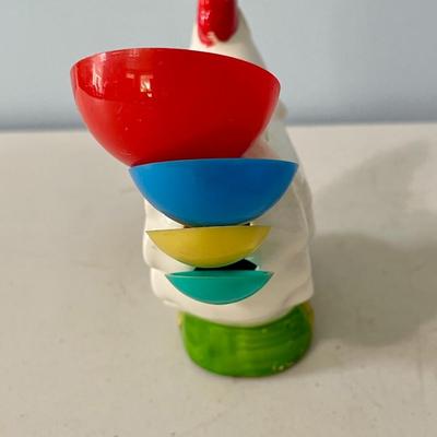 Vintage painted rooster cookie jar, rooster measuring spoons + oven mits