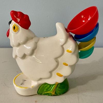 Vintage painted rooster cookie jar, rooster measuring spoons + oven mits