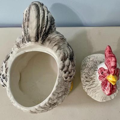 Vintage painted rooster cookie jar, rooster measuring spoons + oven mits