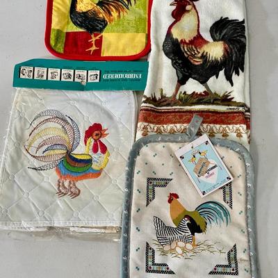 Vintage painted rooster cookie jar, rooster measuring spoons + oven mits