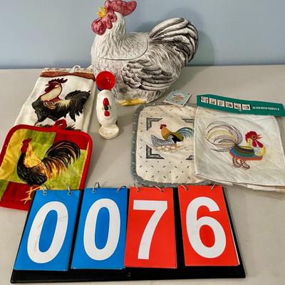 Vintage painted rooster cookie jar, rooster measuring spoons + oven mits