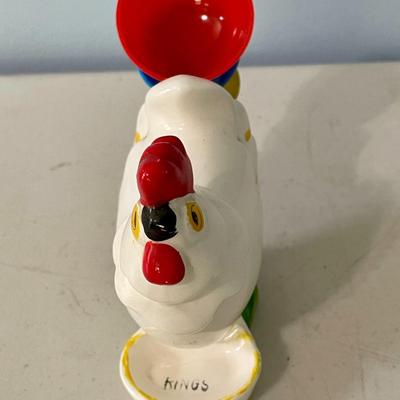 Vintage painted rooster cookie jar, rooster measuring spoons + oven mits