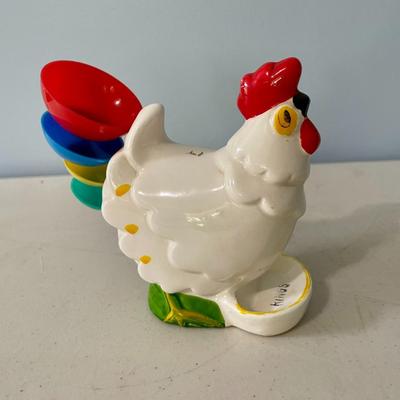 Vintage painted rooster cookie jar, rooster measuring spoons + oven mits