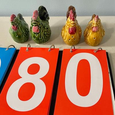 Two-pair lot of vintage ceramic rooster + hen salt & pepper shakers