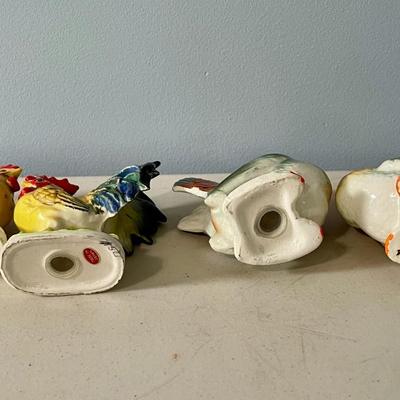 Two-pair lot of vintage ceramic rooster + hen salt & pepper shakers