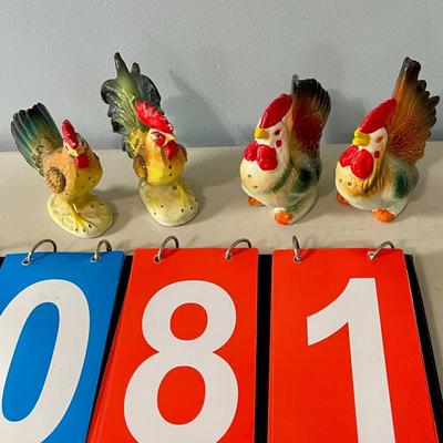 Two-pair lot of vintage ceramic rooster + hen salt & pepper shakers