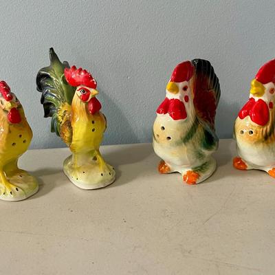 Two-pair lot of vintage ceramic rooster + hen salt & pepper shakers