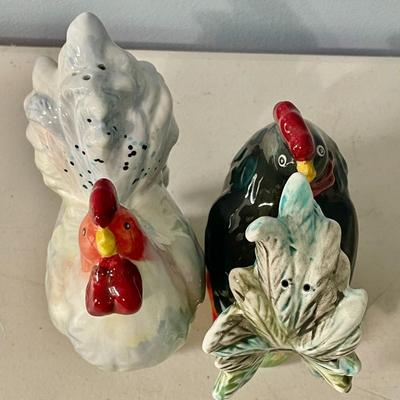 Pair of vintage ceramic rooster + hen salt & pepper