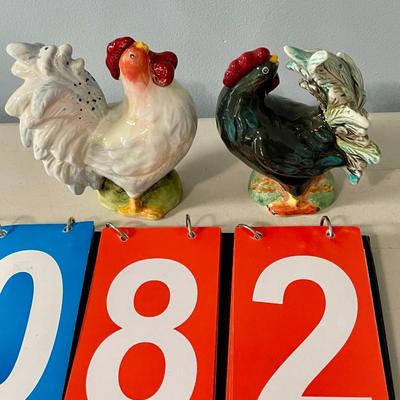 Pair of vintage ceramic rooster + hen salt & pepper