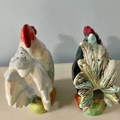 Pair of vintage ceramic rooster + hen salt & pepper