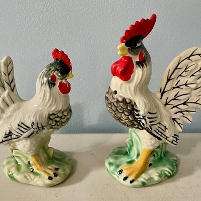 Pair of vintage ceramic rooster + hen salt & pepper shakers