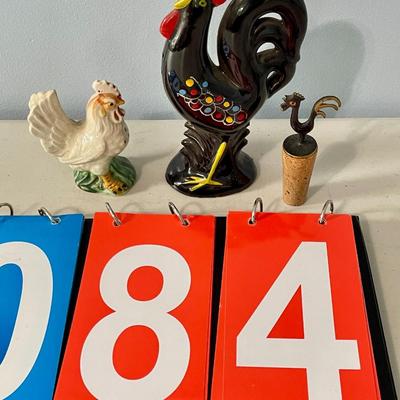 Vintage ceramic rooster + hen salt & pepper shakers + cork