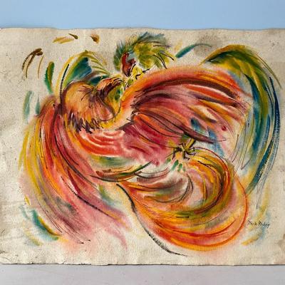 Original Merle Foshag rooster & landscape double-sided watercolor