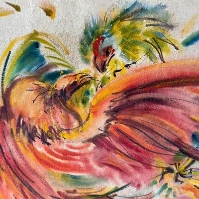 Original Merle Foshag rooster & landscape double-sided watercolor