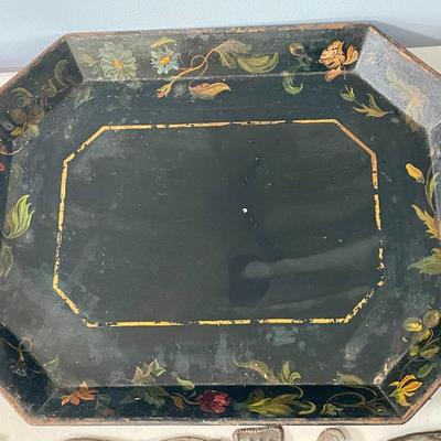 Vintage painted metal toile tray + punched metal wall hanging