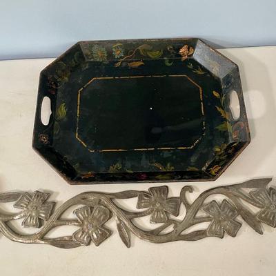 Vintage painted metal toile tray + punched metal wall hanging