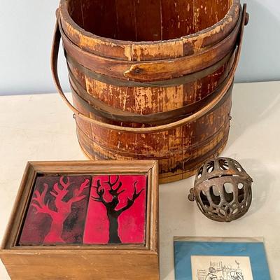 Antique wood milk pail, stringer and extras