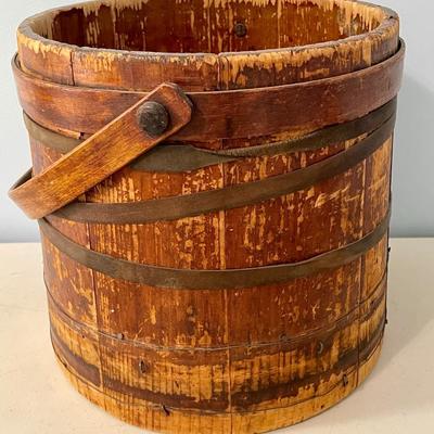 Antique wood milk pail, stringer and extras