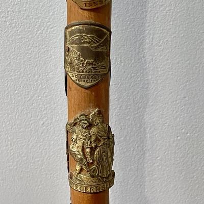 Pair of antique German Alpine walking canes with badges