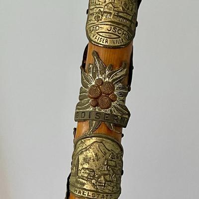 Pair of antique German Alpine walking canes with badges